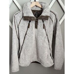 Kuhl Cozy Sherpa Pullover Jacket in Light Gray with Brown Trim
